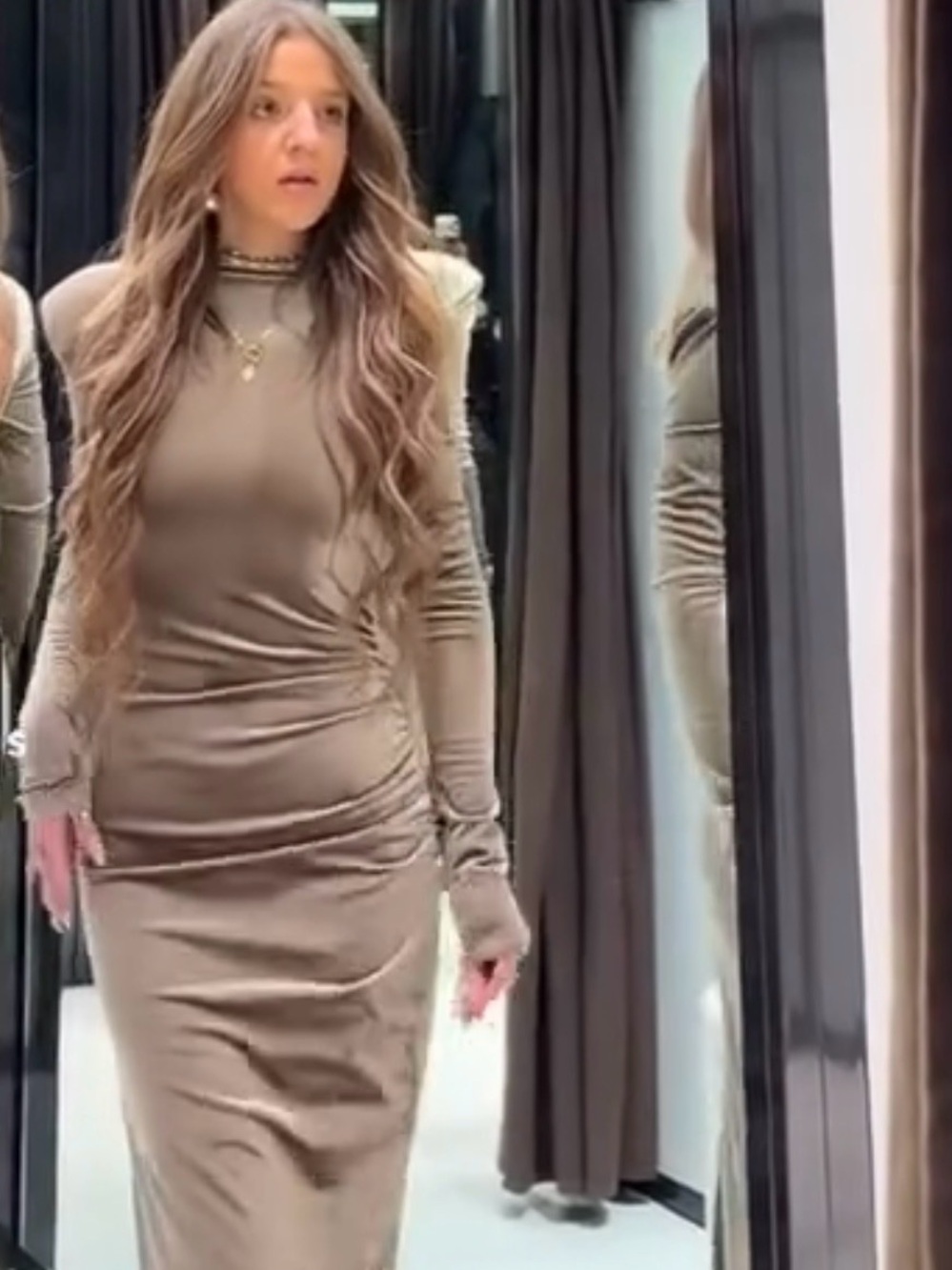 Zara Long Sleeve Ruched Velvet Maxi Dress in Taupe - Picture 4 of 11